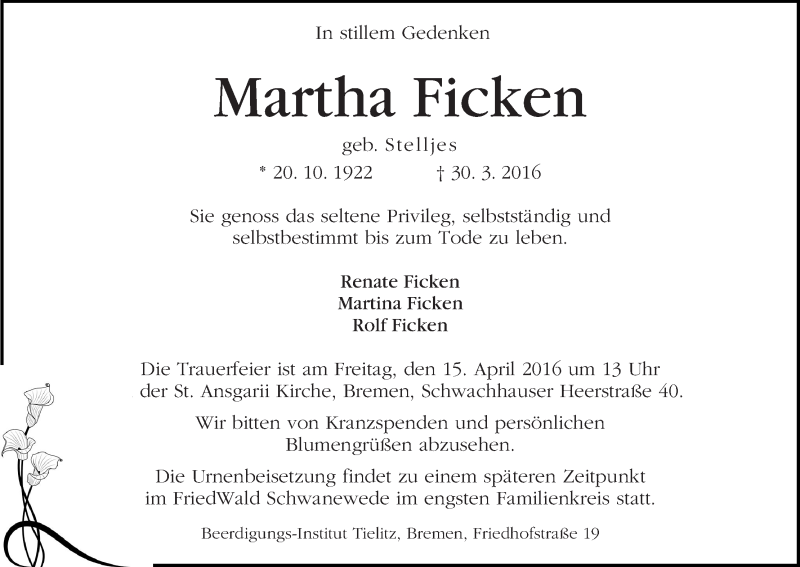 Traueranzeige von Martha Ficken von WESER-KURIER