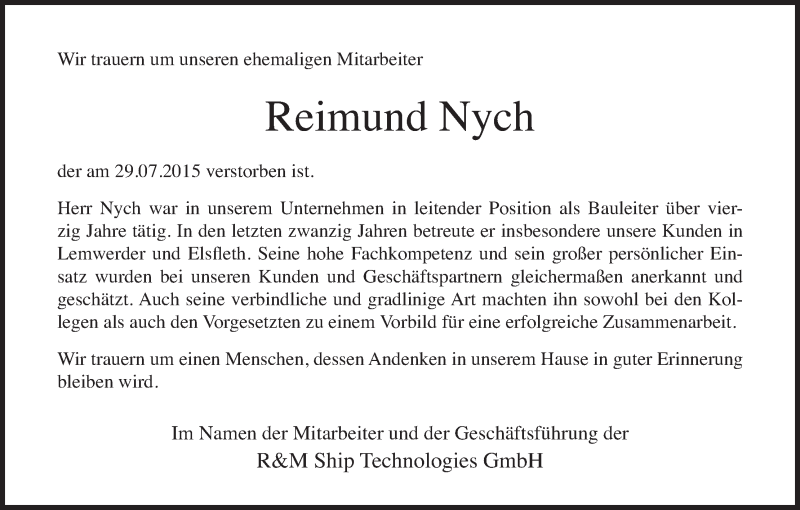  Traueranzeige für Reimund Nych vom 08.08.2015 aus Die Norddeutsche