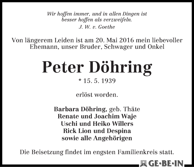 Traueranzeige von Peter Döhring von WESER-KURIER