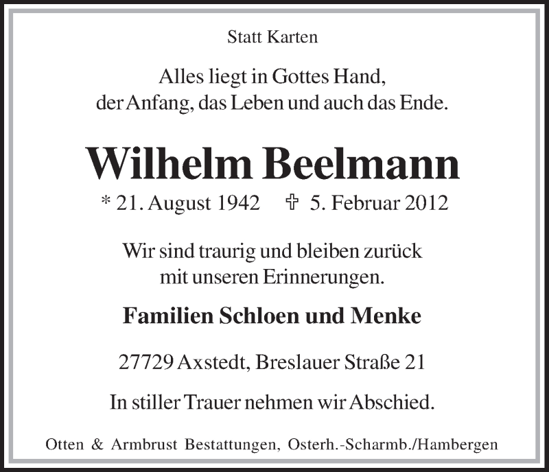 Traueranzeige von Wilhelm Beelmann von Osterholzer Kreisblatt