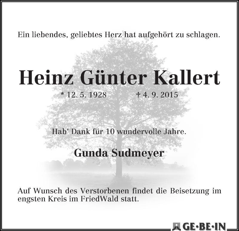 Traueranzeige von Heinz Günter Kallert von WESER-KURIER