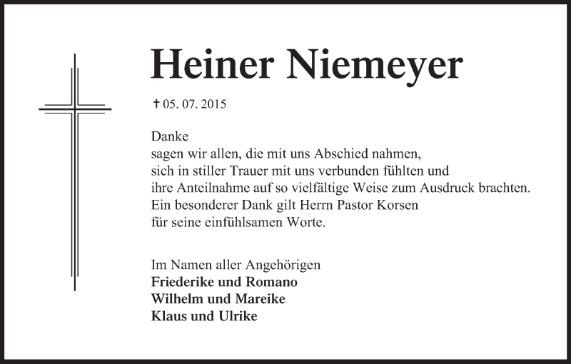  Traueranzeige für Heiner Niemeyer vom 22.08.2015 aus Regionale Rundschau/Syker Kurier