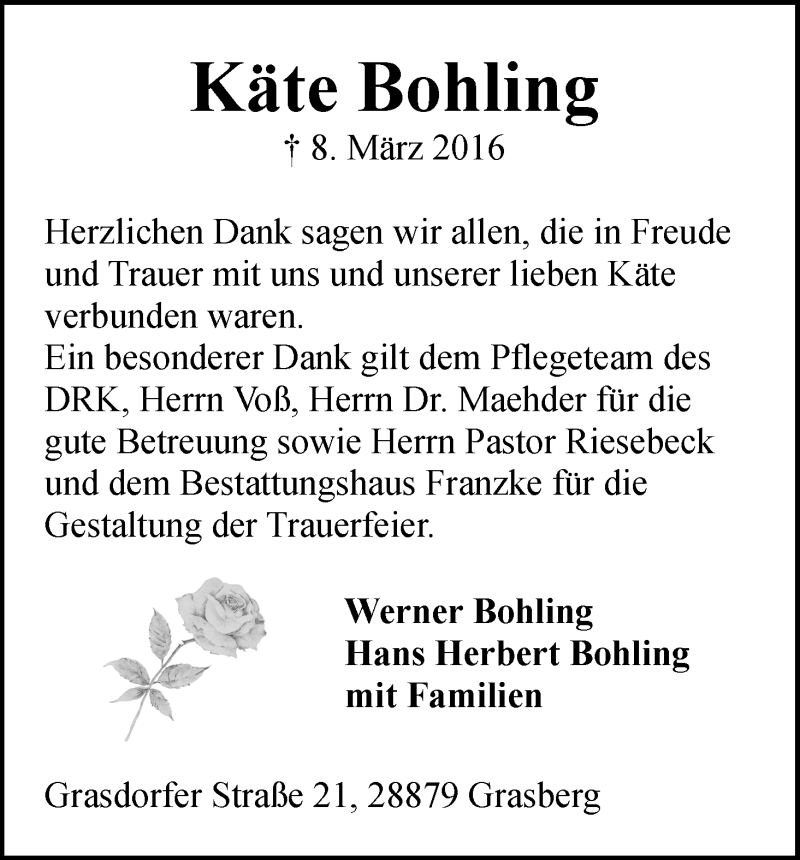 Traueranzeige von Käte Bohling von Wuemme Zeitung