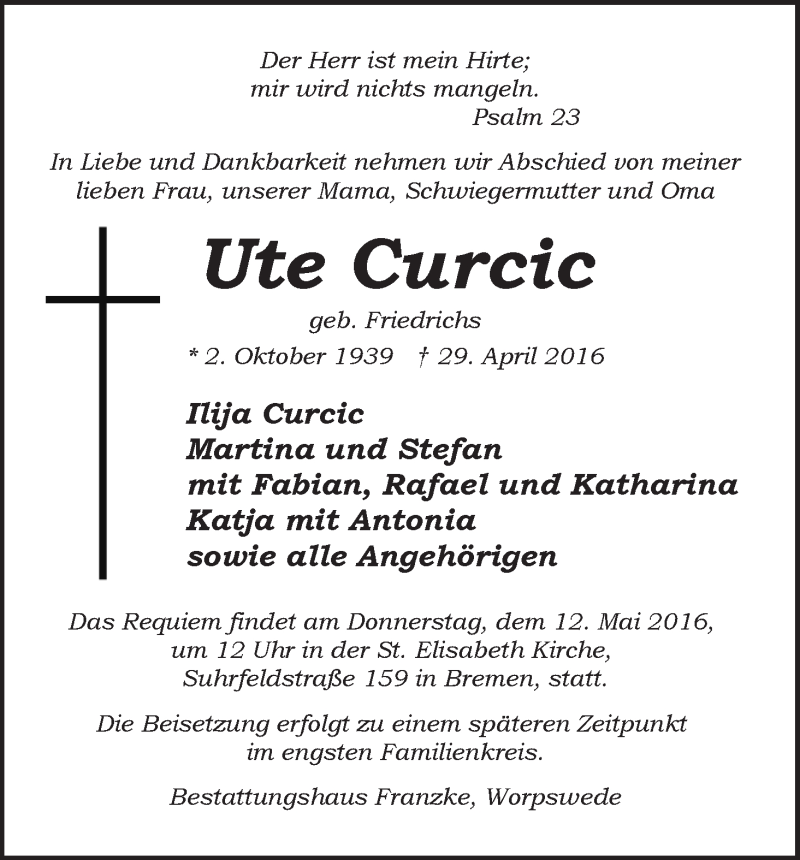 Traueranzeige von Ute Curcic von WESER-KURIER
