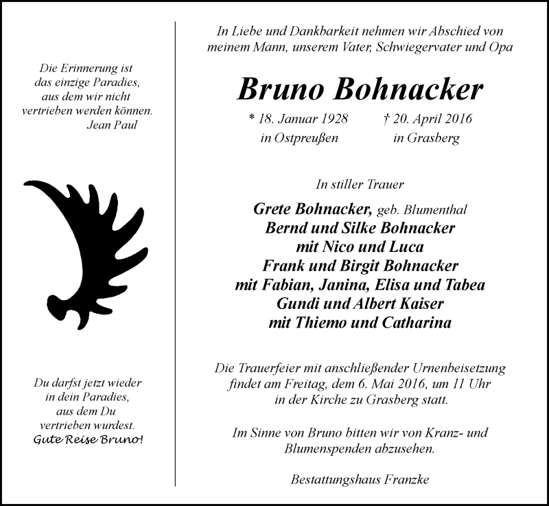 Traueranzeige von Bruno Bohnacker von Wuemme Zeitung