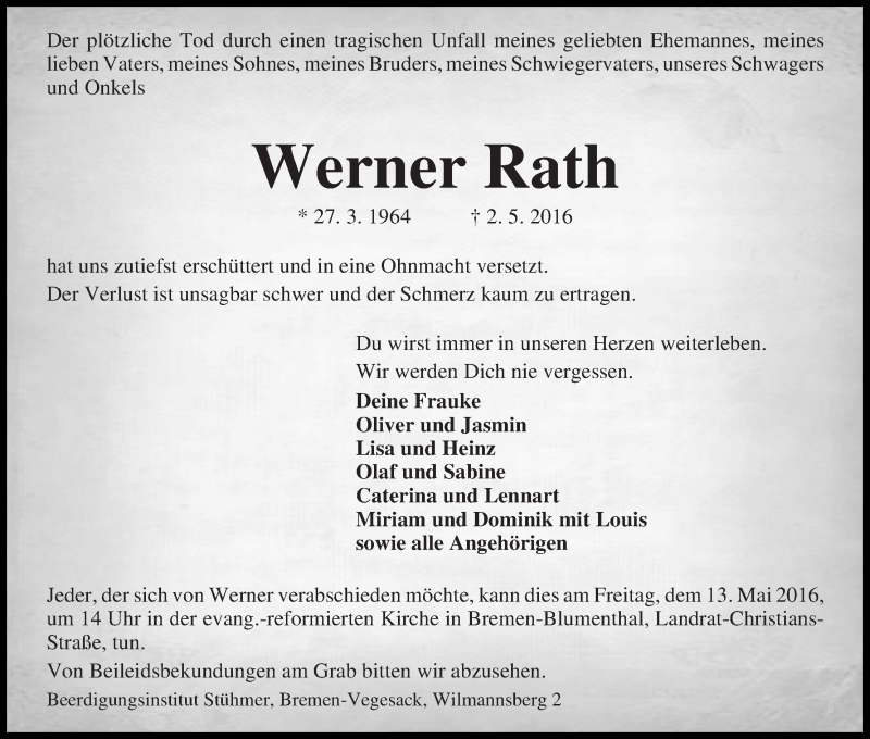 Traueranzeigen von Werner Rath | Trauer & Gedenken