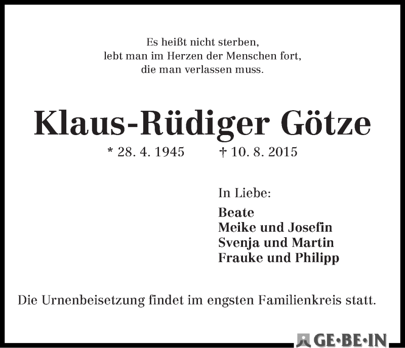 Traueranzeige von Klaus-Rüdiger Götze von Die Norddeutsche