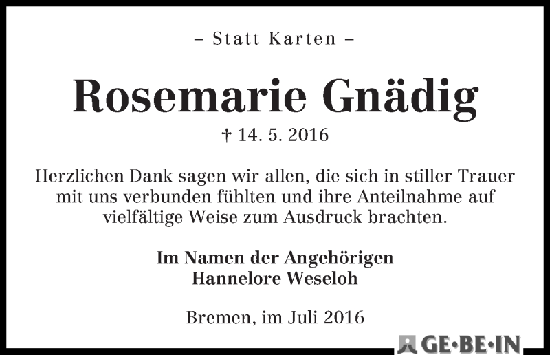 Traueranzeige von Rosemarie Gnädig von WESER-KURIER
