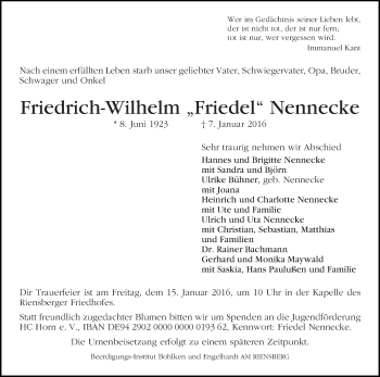 Traueranzeige von Friedrich-Wilhelm 