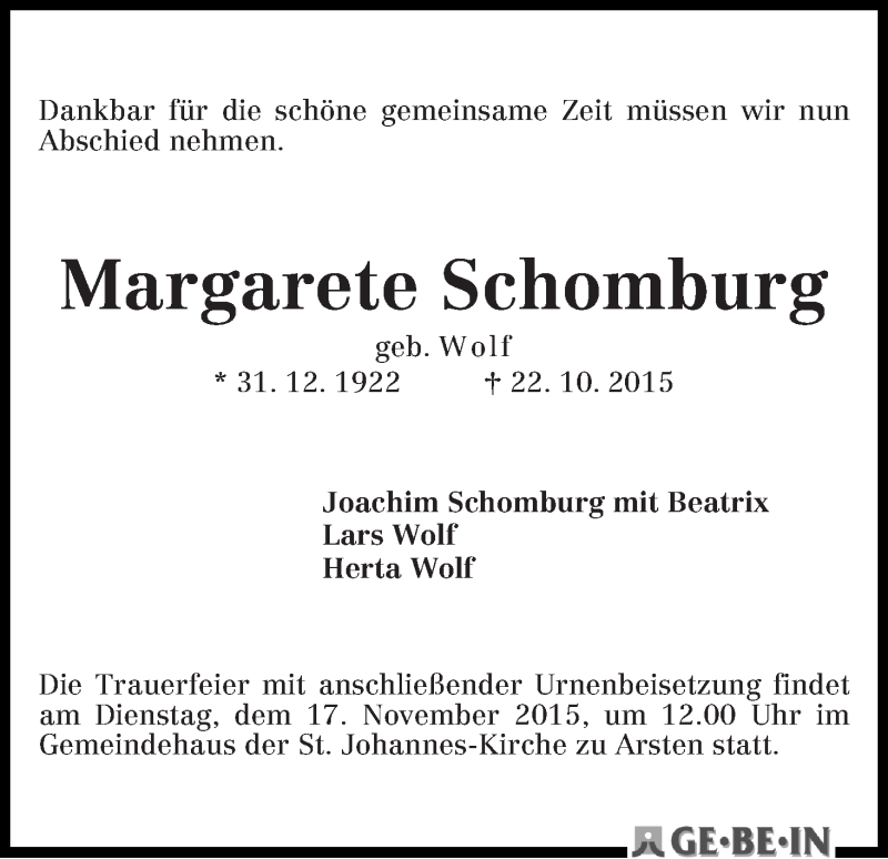 Traueranzeige von Margarete Schomburg von WESER-KURIER