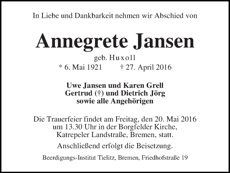 Traueranzeige von Annegrete Jansen von WESER-KURIER
