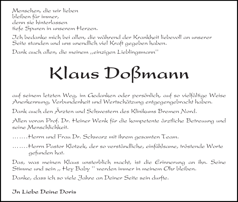 Traueranzeige von Klaus Doßmann von Die Norddeutsche