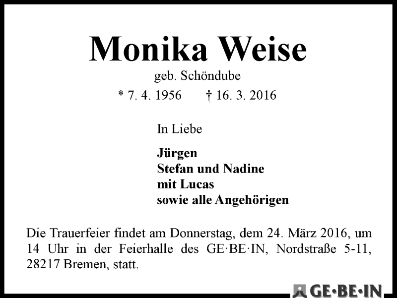 Traueranzeige von Monika Weise von WESER-KURIER