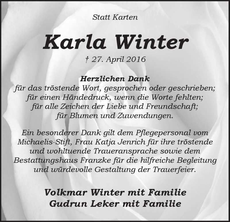 Traueranzeige von Karla Winter von Wuemme Zeitung