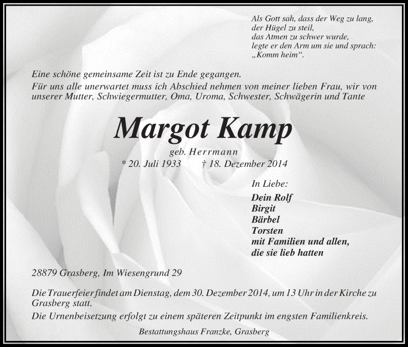 Traueranzeige von Margot Kamp von Wuemme Zeitung