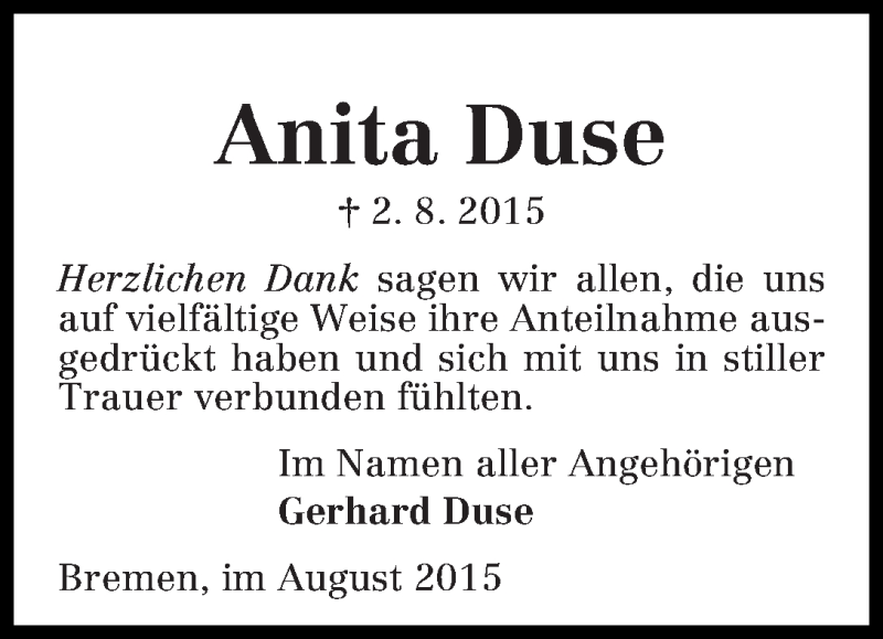 Traueranzeige von Anita Duse von WESER-KURIER