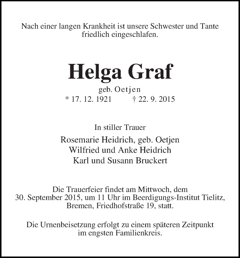 Traueranzeige von Helga Graf von WESER-KURIER