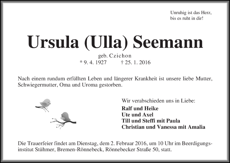  Traueranzeige für Ursula (Ulla) Seemann vom 29.01.2016 aus Die Norddeutsche