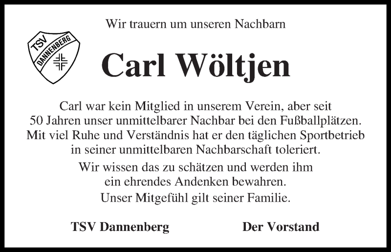 Traueranzeige von Carl Wöltjen von Wuemme Zeitung