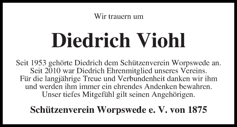 Traueranzeige von Diedrich Viohl von Wuemme Zeitung