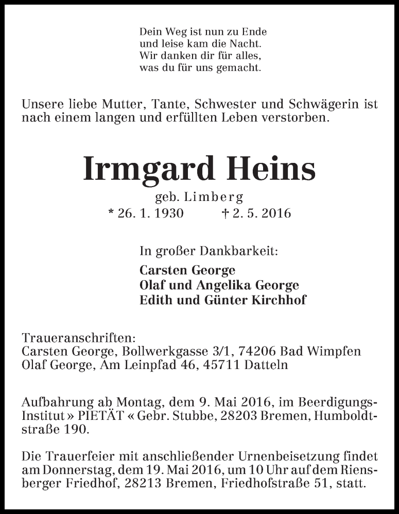 Traueranzeige von Irmgard Heins von WESER-KURIER