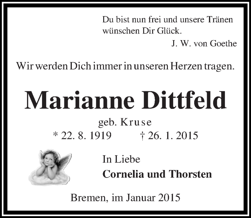  Traueranzeige für Marianne Dittfeld vom 31.01.2015 aus WESER-KURIER