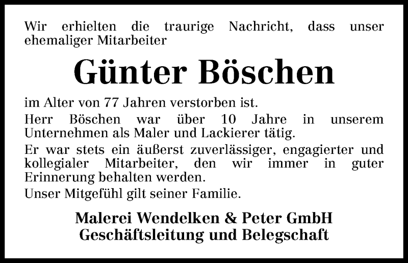 Traueranzeige von Günter Böschen von Osterholzer Kreisblatt
