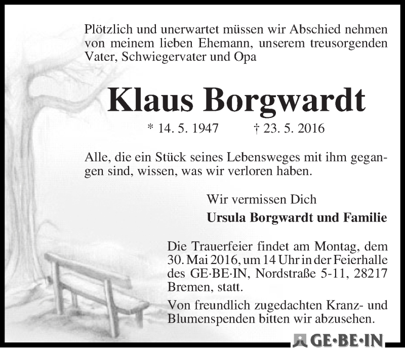 Traueranzeige von Klaus Borgwardt von WESER-KURIER