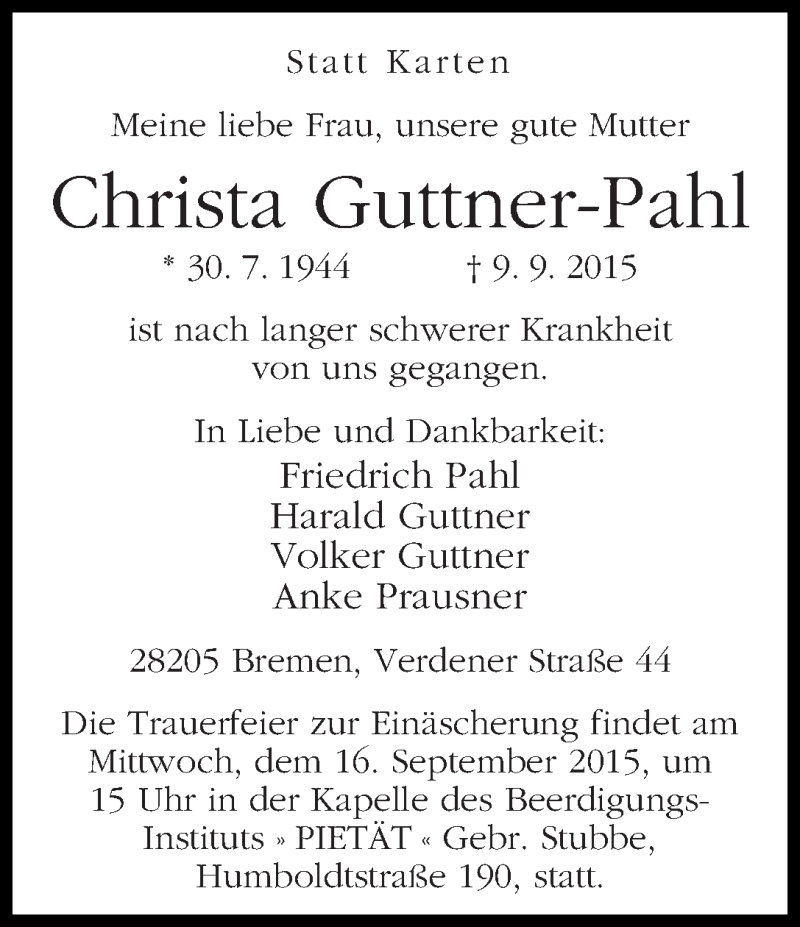 Traueranzeige von Christa Guttner-Pahl von WESER-KURIER
