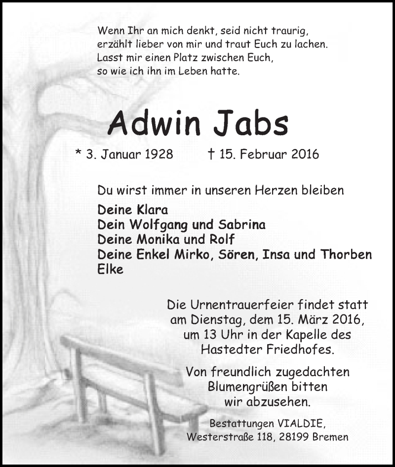  Traueranzeige für Adwin Jabs vom 20.02.2016 aus WESER-KURIER