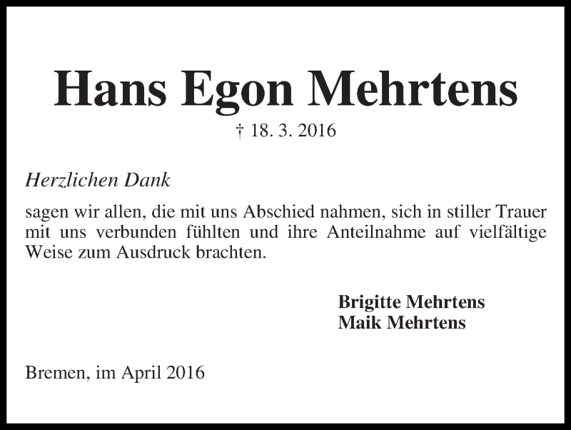 Traueranzeige von Hans Egon Mehrtens von Die Norddeutsche