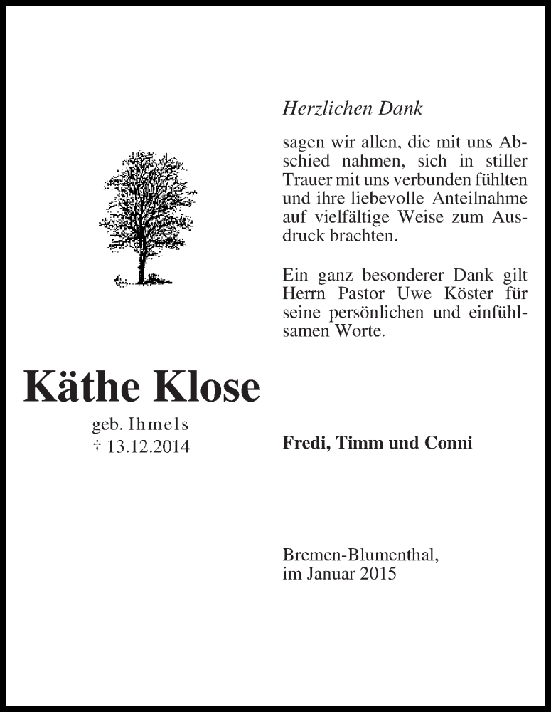 Traueranzeige von Käthe Klose von Die Norddeutsche