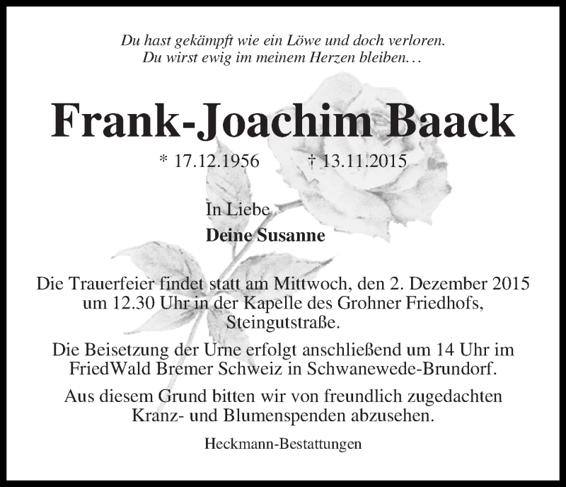 Traueranzeige von Frank-Joachim Baack von Die Norddeutsche