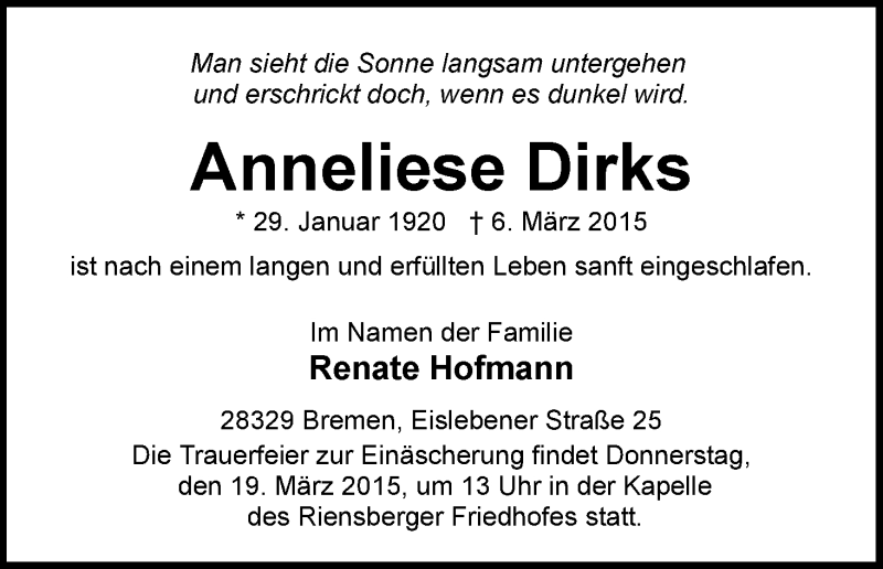 Traueranzeige von Anneliese Dirks von WESER-KURIER