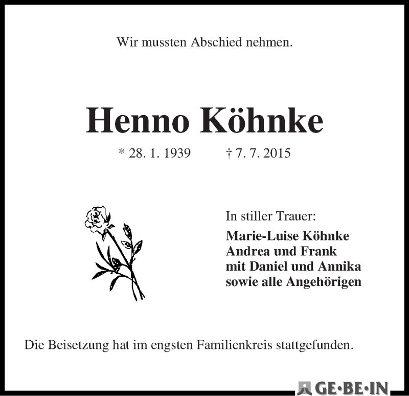 Traueranzeige von Henno Köhnke von Die Norddeutsche