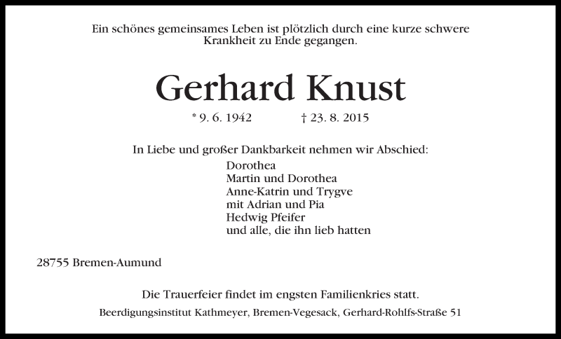 Traueranzeige von Gerhard Knust von WESER-KURIER