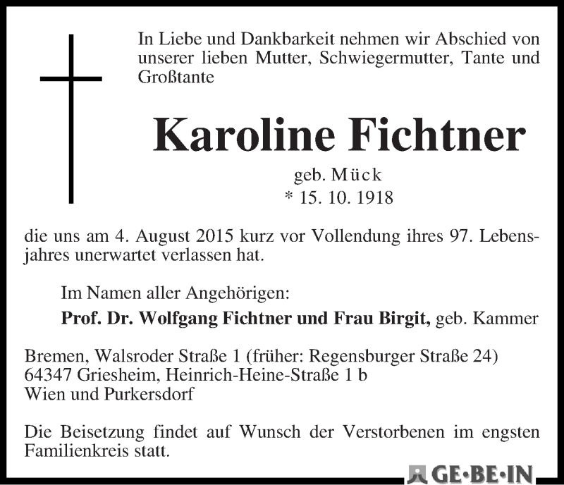 Traueranzeige von Karoline Fichtner von WESER-KURIER