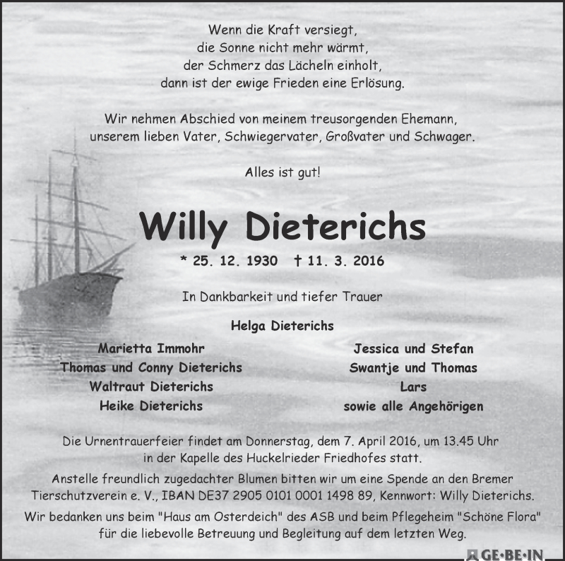 Traueranzeige von Willy Dietrichs von WESER-KURIER