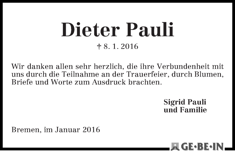 Traueranzeige von Dieter Pauli von WESER-KURIER