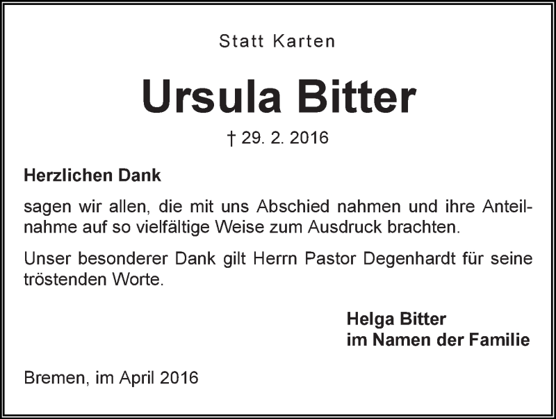 Traueranzeige von Ursula Bitter von WESER-KURIER