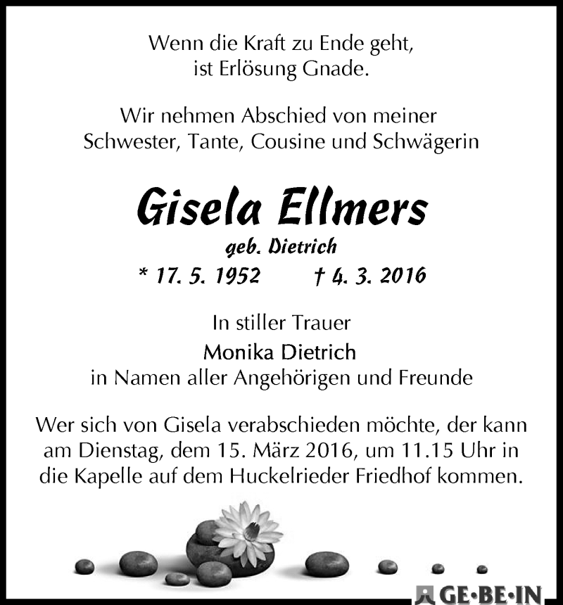 Traueranzeige von Gisela Ellmers von WESER-KURIER