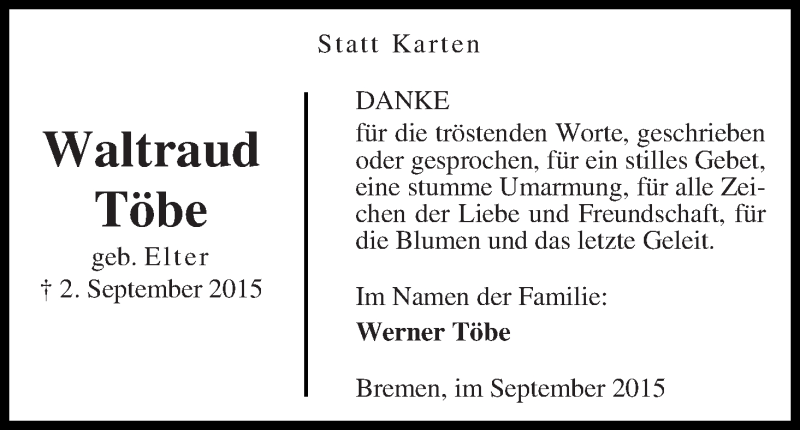 Traueranzeige von Waltraud Töbe von WESER-KURIER