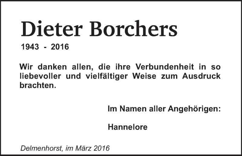 Traueranzeige von Dieter Borchers von WESER-KURIER