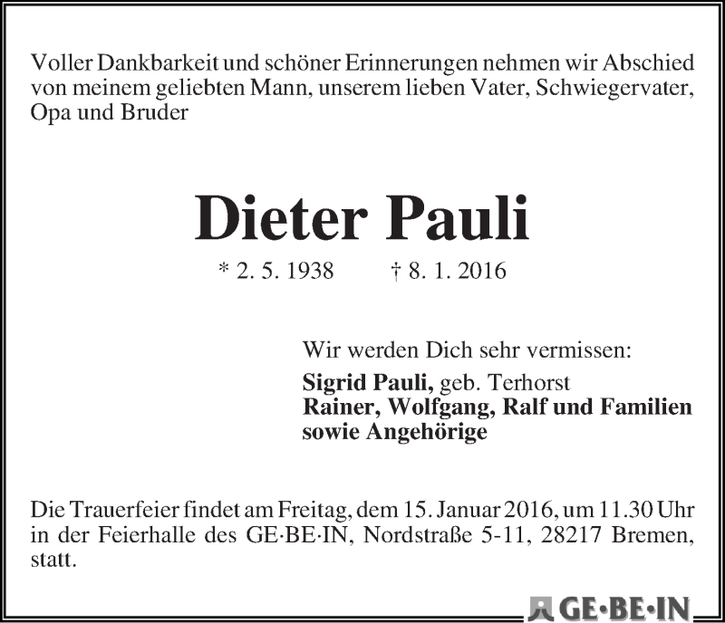 Traueranzeige von Dieter Pauli von WESER-KURIER