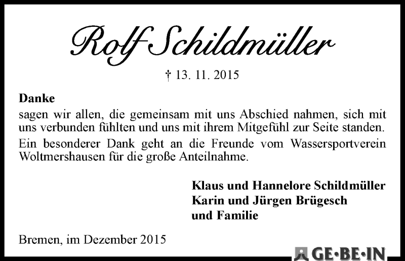 Traueranzeige von Rolf Schildmüller von WESER-KURIER
