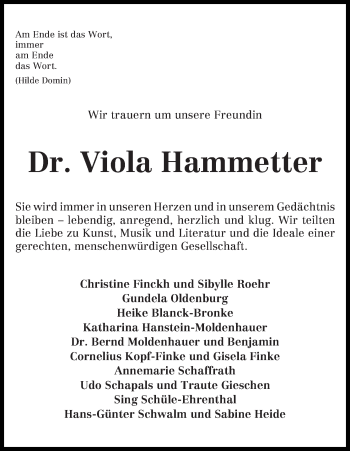 Traueranzeige von Viola Hammetter