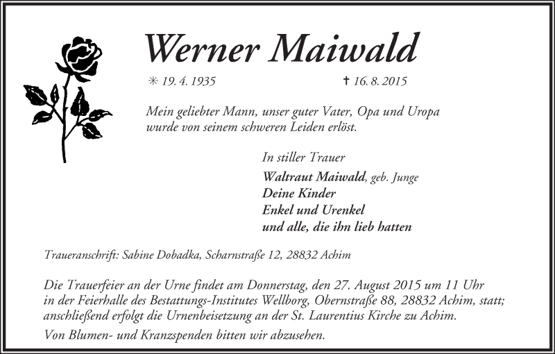 Traueranzeige von Werner Maiwald von WESER-KURIER