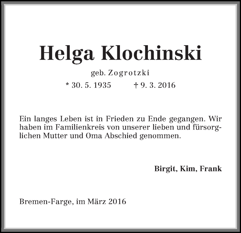 Traueranzeige von Helga Klochinski von Die Norddeutsche