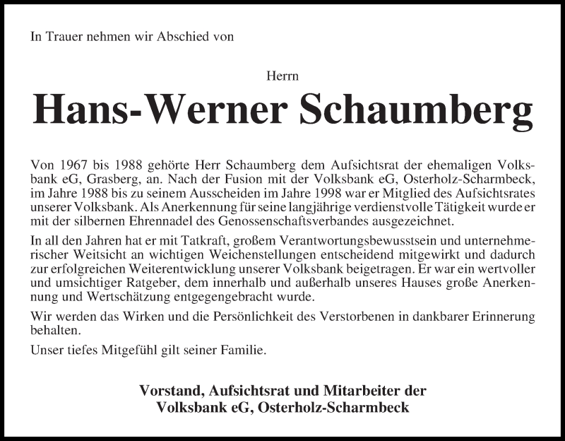  Traueranzeige für Hans-Werner Schaumberg vom 28.11.2015 aus Wuemme Zeitung