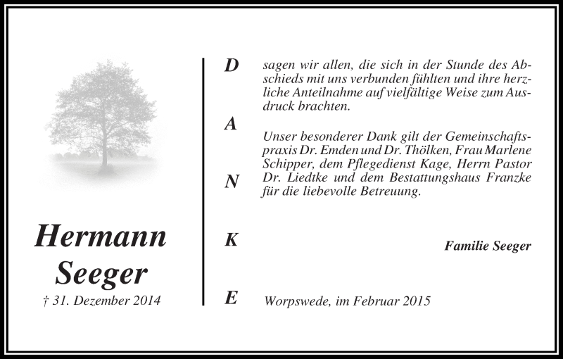 Traueranzeige von Hermann Seeger von Wuemme Zeitung